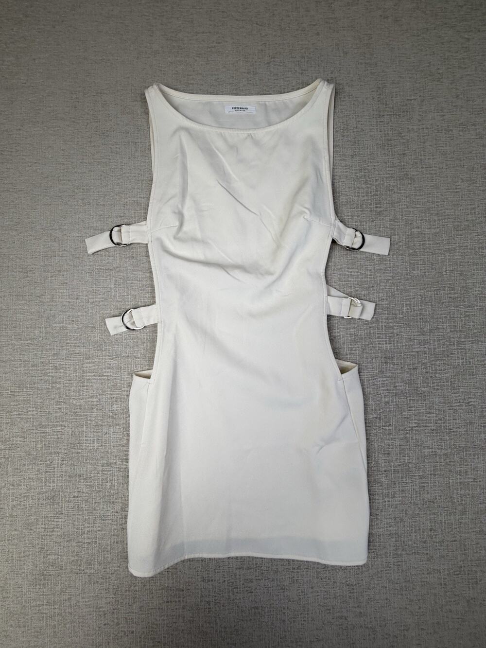 Peppermayo Women’s US 4 Ivory Side Cutout Buckle Strap Mini Dress